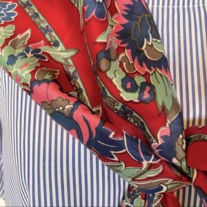 Silk scarf peonies in bloom rich reds greens and blues